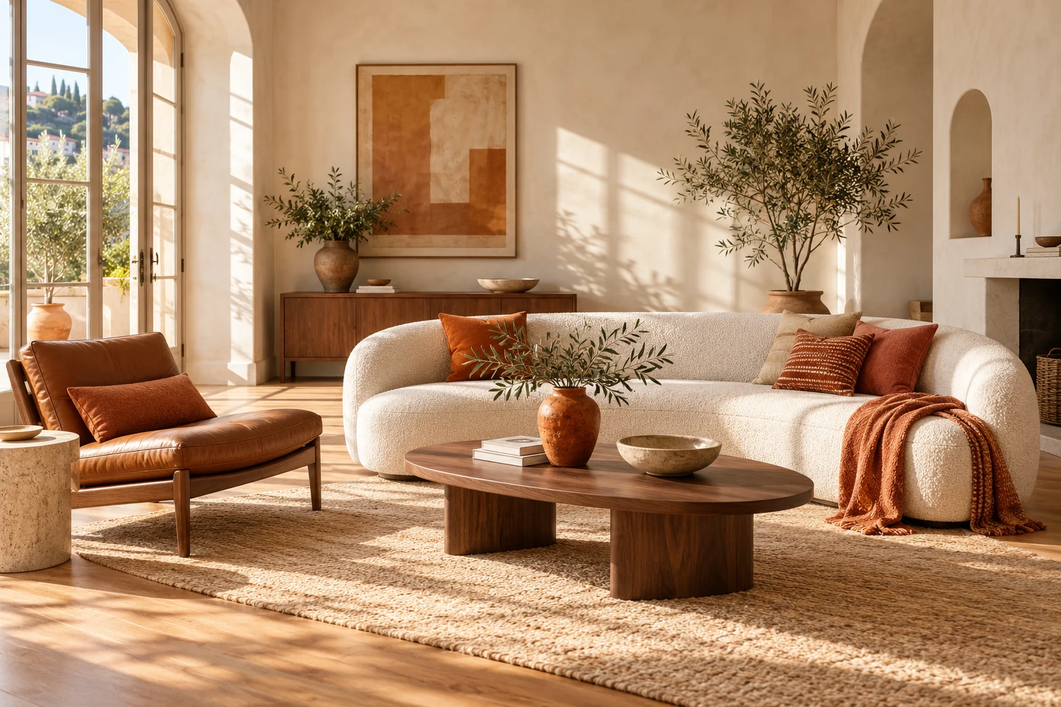 Sala luminosa com sofá creme, madeira natural e apontamentos terracota